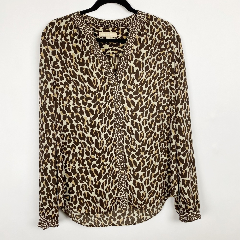 Banana Republic Leopard Print V-Neck Button Front Blouse Womens Medium Brown